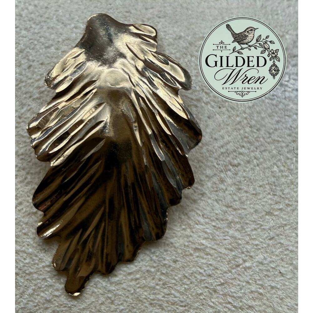 JCM 14K Solid Gold Sculptural Leaf Earrings 1.9” Long Textured Estate Fine